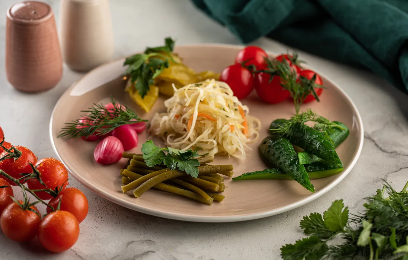 Photo wallpaper greens, vegetables, cabbage, tomatoes, radishes