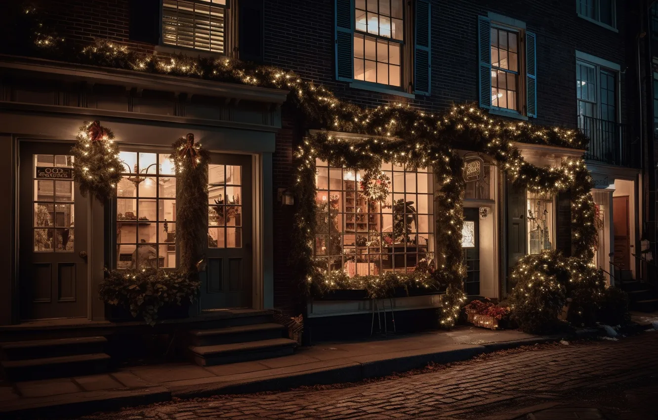 Photo wallpaper winter, snow, decoration, lights, street, new year, Christmas, Christmas