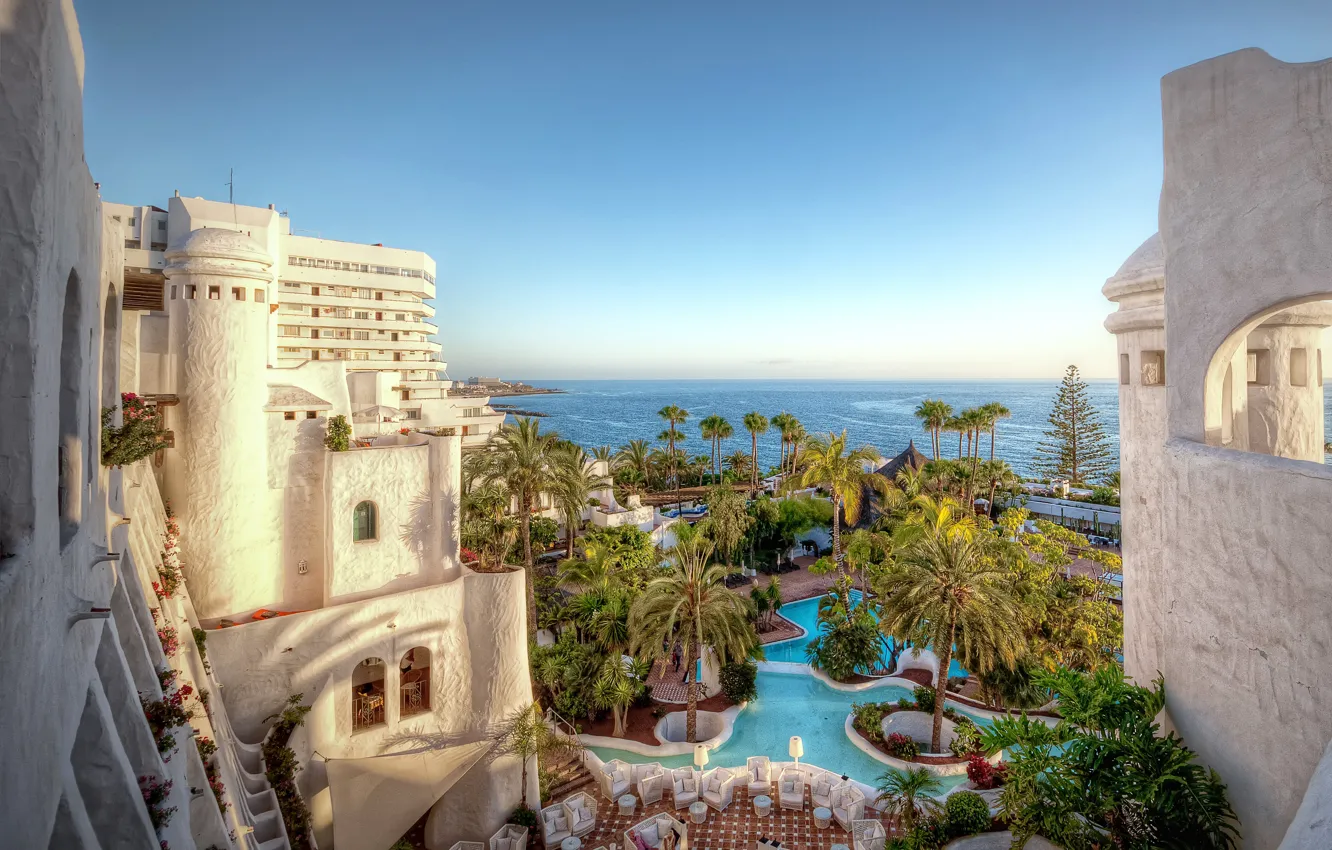 Photo wallpaper palm trees, the ocean, HDR, pool, the hotel, Islands, Spain, Spain