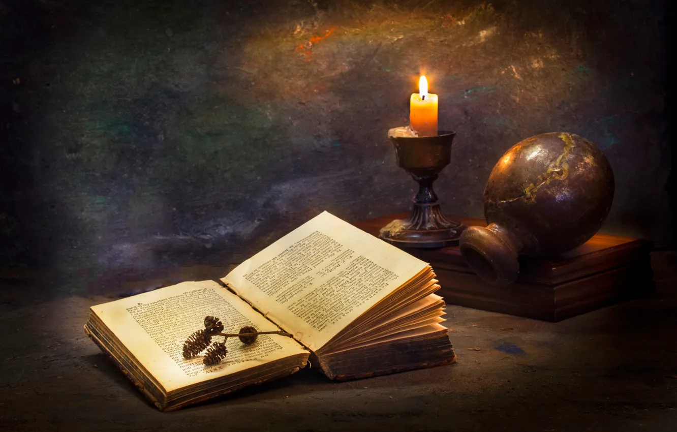 Photo wallpaper candles, book, pitcher
