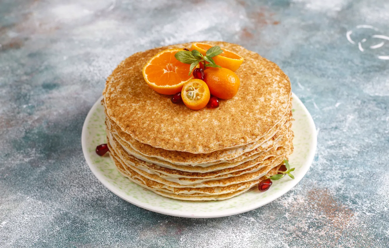 Photo wallpaper table, plate, stack, pancakes, tangerines, pomegranate seeds
