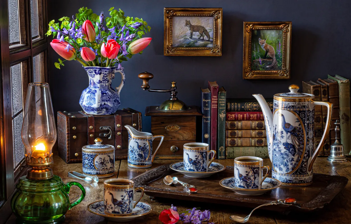 Photo wallpaper flowers, style, books, lamp, coffee, bouquet, Cup, tulips