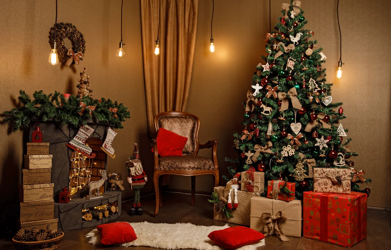 Photo wallpaper decoration, balls, tree, New Year, Christmas, gifts, Christmas, balls