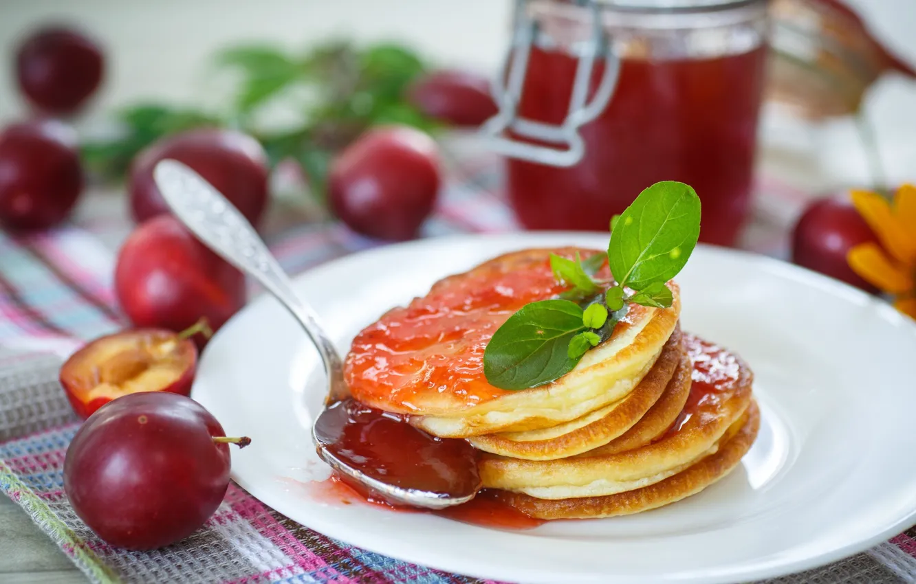 Photo wallpaper Breakfast, plate, mint, jam, drain, pancakes