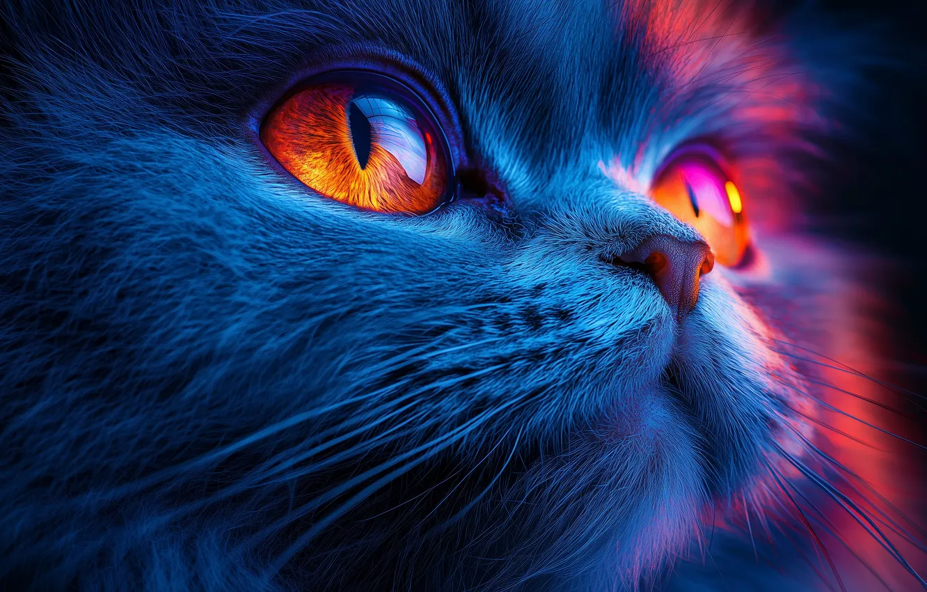 Photo wallpaper cat, colorful, blue, cats, cat eyes, depth of field, looking away, AI Art
