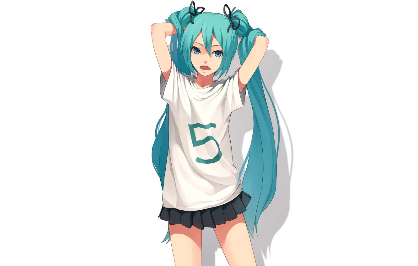 Photo wallpaper look, girl, room, t-shirt, vocaloid, hatsune miku, gesture, Vocaloid