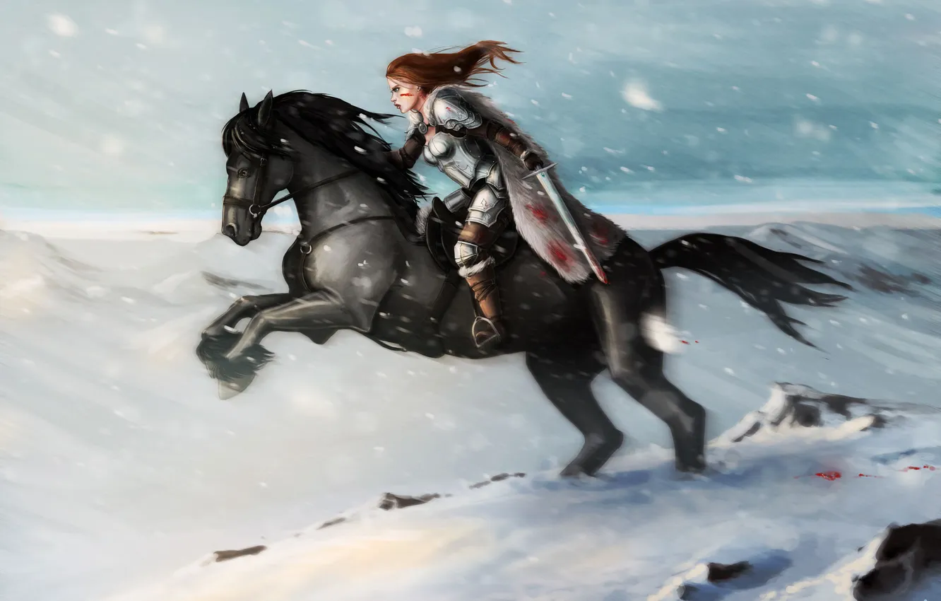 Photo wallpaper girl, snow, mountains, weapons, horse, blood, horse, sword