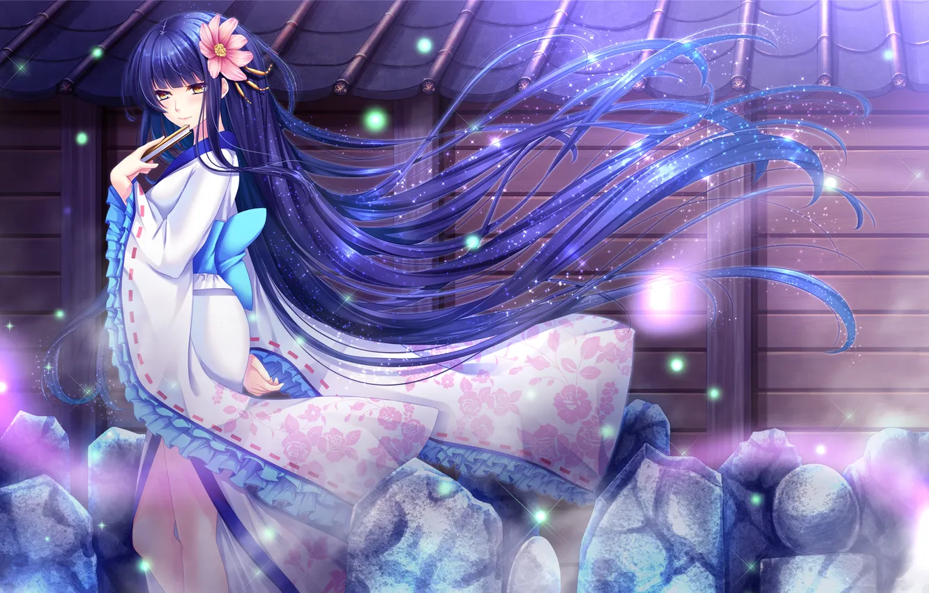 Photo wallpaper girl, flowers, smile, stones, fan, kimono