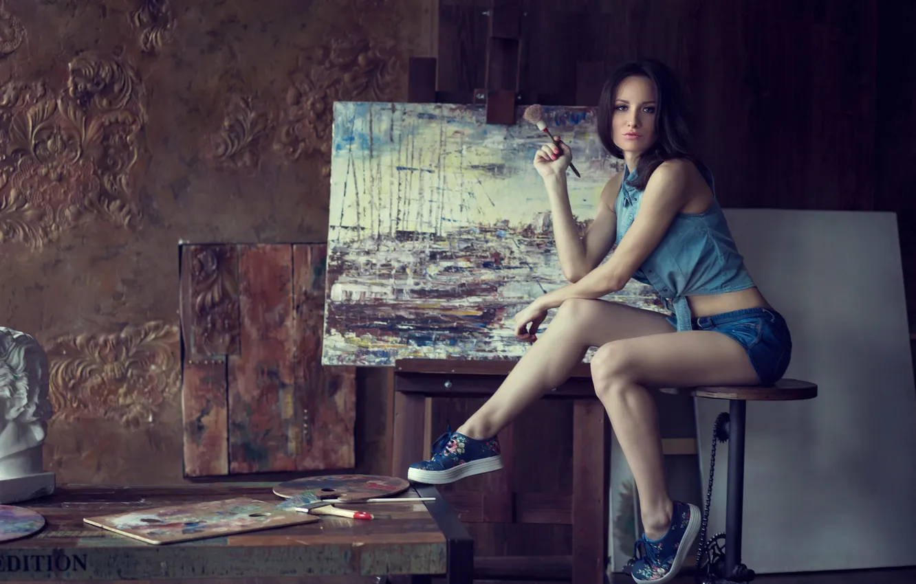 Photo wallpaper Girl, Legs, Beautiful, Picture, Oil, Hair, Drawing, Paintbrush