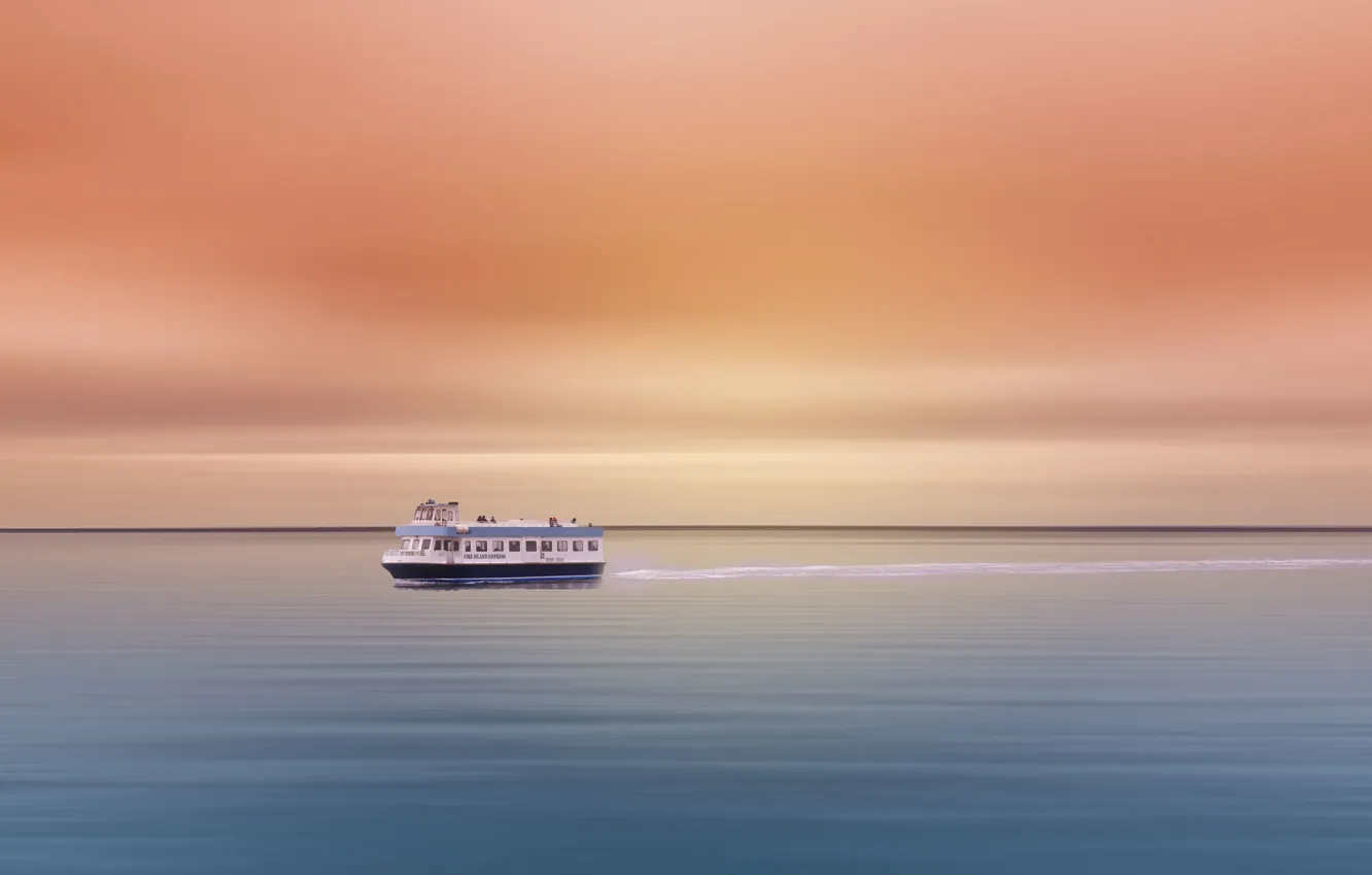Photo wallpaper fog, the ocean, ship, morning, swimming, the horizon line, Fire Island Express