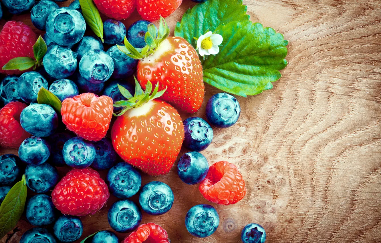 Photo wallpaper berries, raspberry, blueberries, strawberry, wood, strawberry, blueberry, raspberry