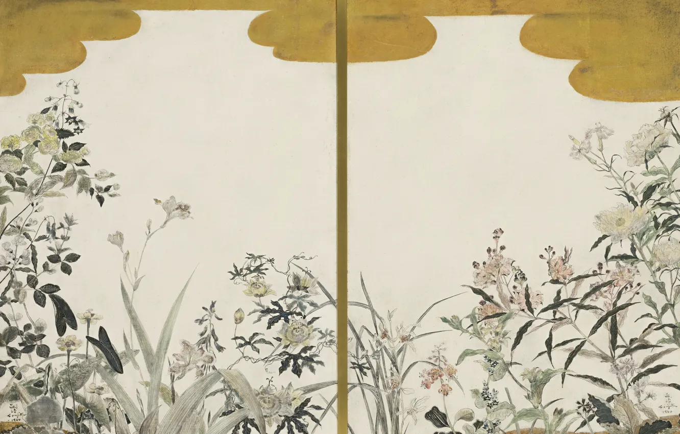 Photo wallpaper 1940, Tsuguharu, Fujita, Flowers (two panels screens), oil and gold leaf
