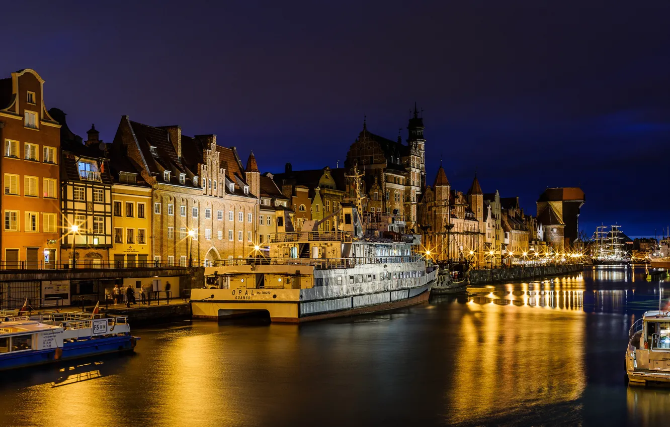 Photo wallpaper night, lights, river, ship, home, Poland, lights, promenade