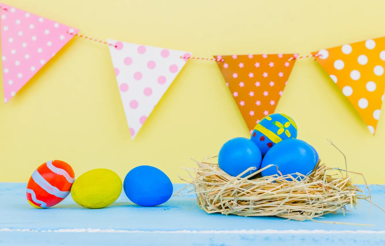 Photo wallpaper holiday, eggs, Easter, socket, straw, garland, flags, Easter