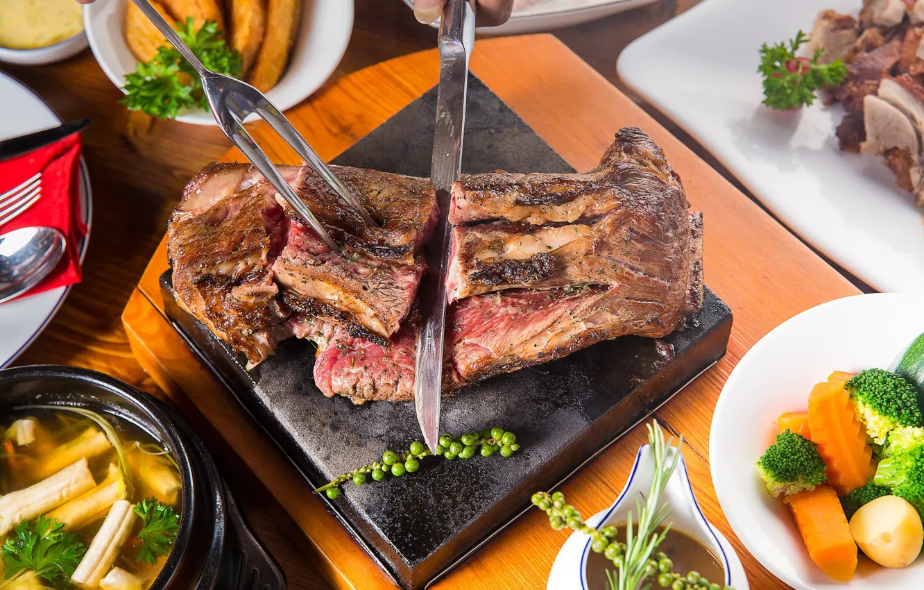 Photo wallpaper knife, meat, plug, vegetables