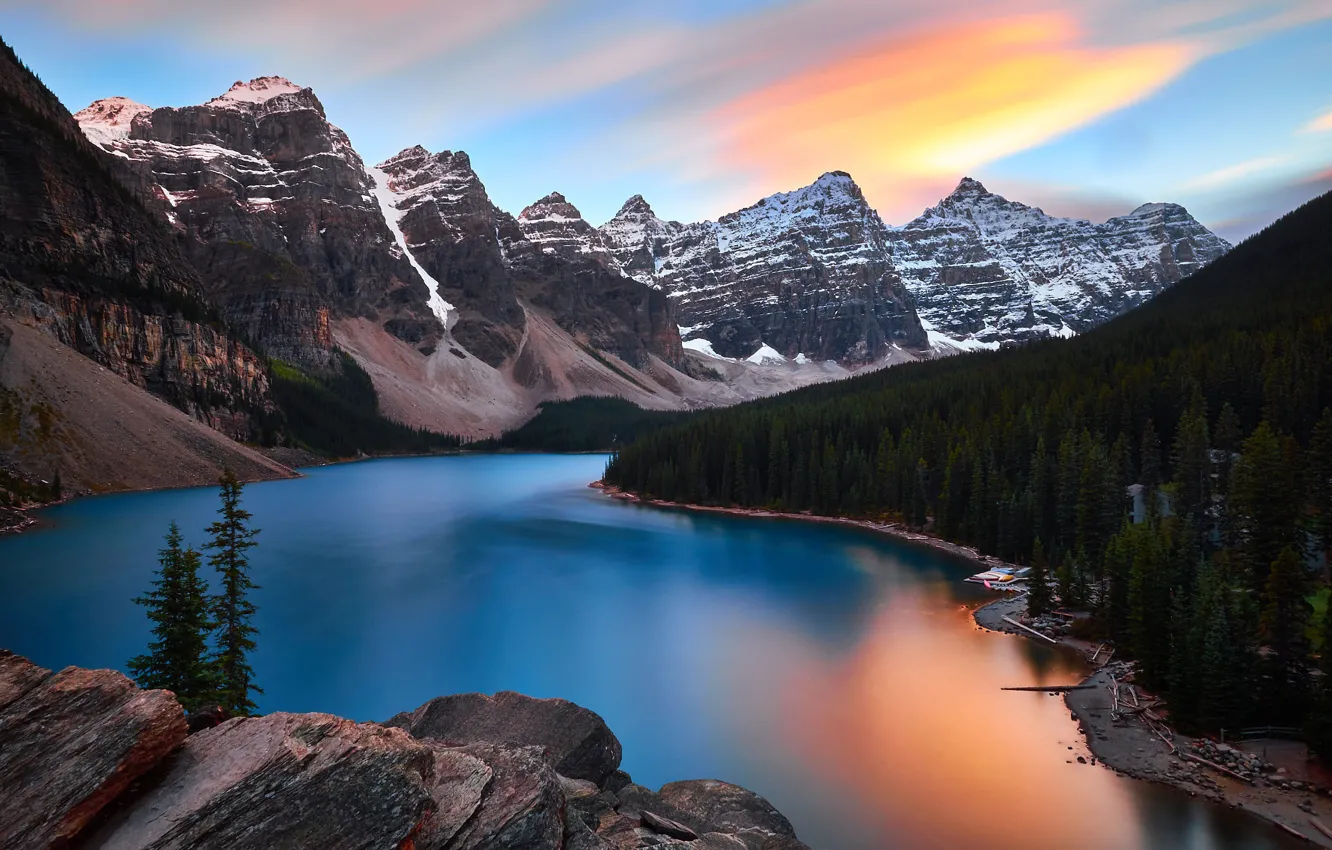 Photo wallpaper landscape, sunset, mountains, nature, lake, reflection, stones, rocks