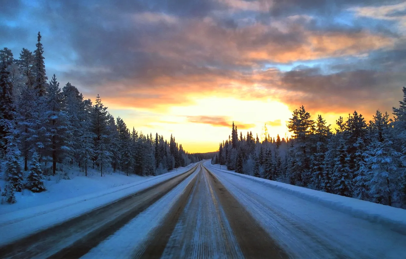 Photo wallpaper winter, road, forest, the sky, the sun, clouds, snow, trees