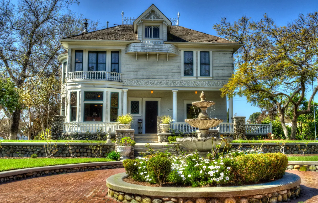 Photo wallpaper trees, flowers, house, CA, fountain, USA, mansion, the bushes