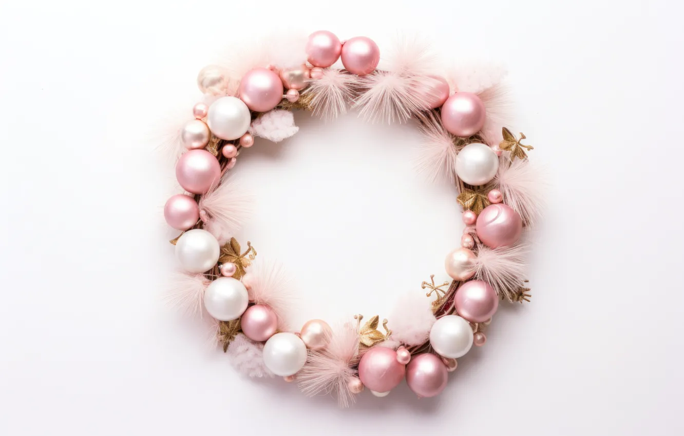 Photo wallpaper balls, Shine, new year, Christmas, white background, pink, white, wreath