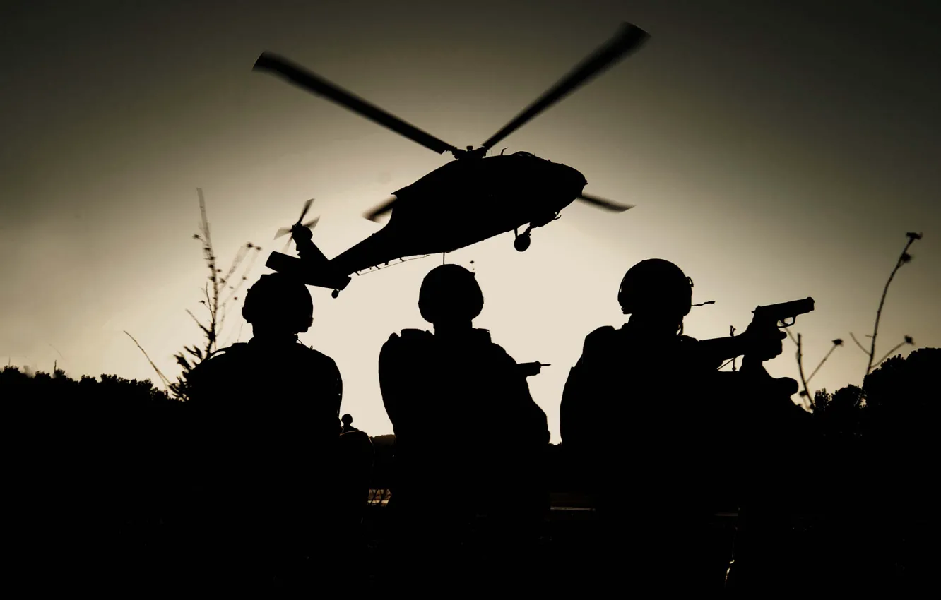 Photo wallpaper helicopter, soldiers, silhouettes, special forces, landing, black hawk, THE MH-60K, night.