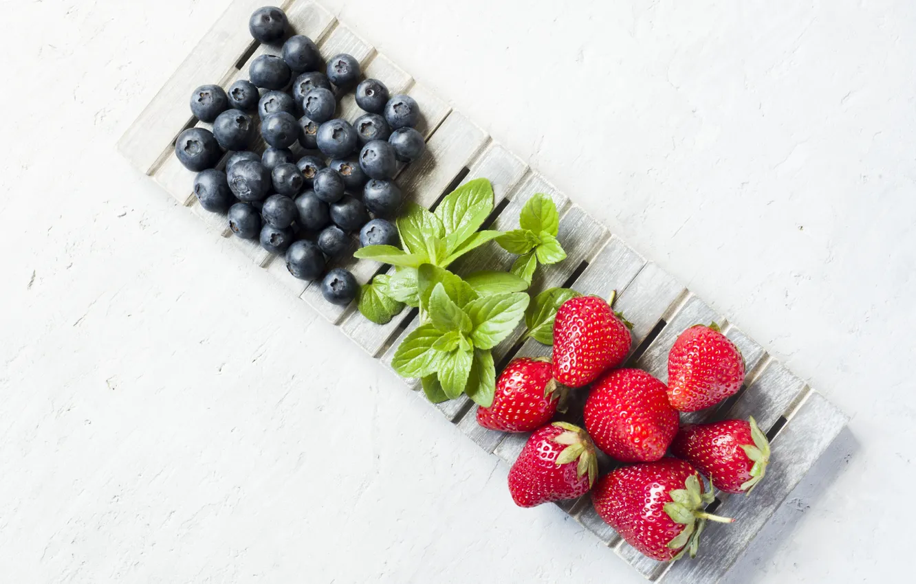 Photo wallpaper berries, blueberries, strawberry, mint, ripe