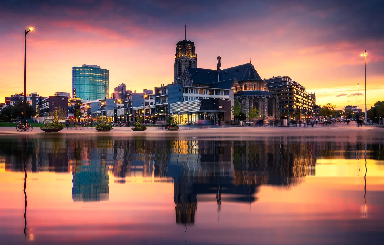 Photo wallpaper night, lights, reflection, Netherlands, Rotterdam, St. Lawrence's Church