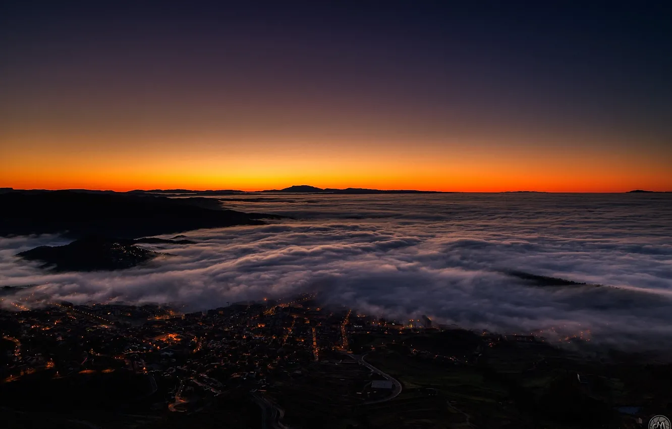 Photo wallpaper winter, lights, fog, dawn, horizon