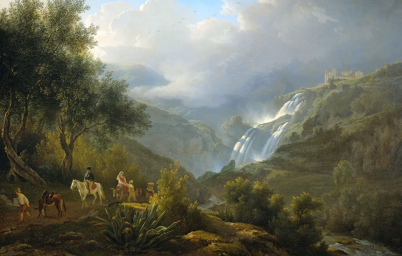 Photo wallpaper landscape, oil, picture, canvas, Abraham Teerlink, Cascatelle waterfall in Tivoli Before the Storm