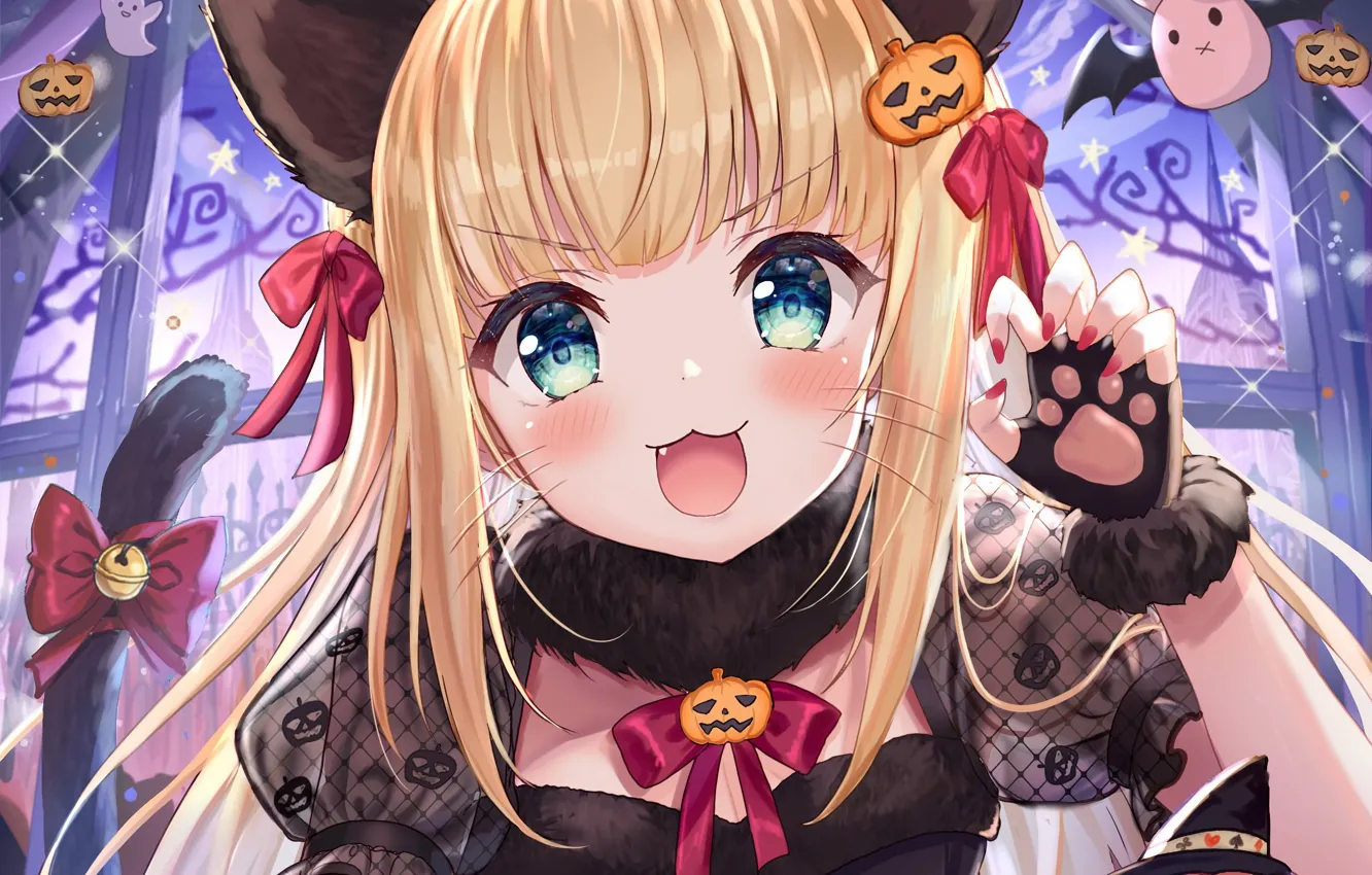 Photo wallpaper Halloween, girl, sexy, cleavage, blouse, green eyes, long hair, boobs