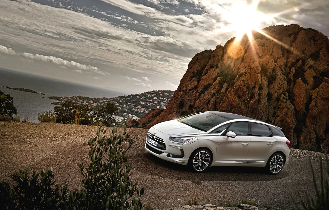 Photo wallpaper sea, machine, auto, white, the sky, the sun, Citroen, Citroen