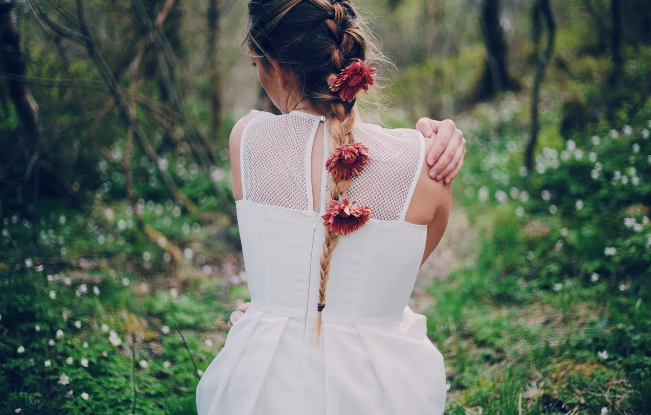 Photo wallpaper girl, flowers, back, dress, braid