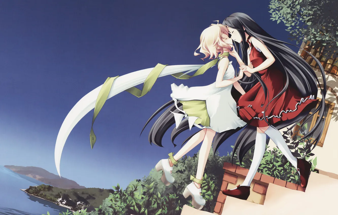 Photo wallpaper girl, kiss, scarf, dress, steps