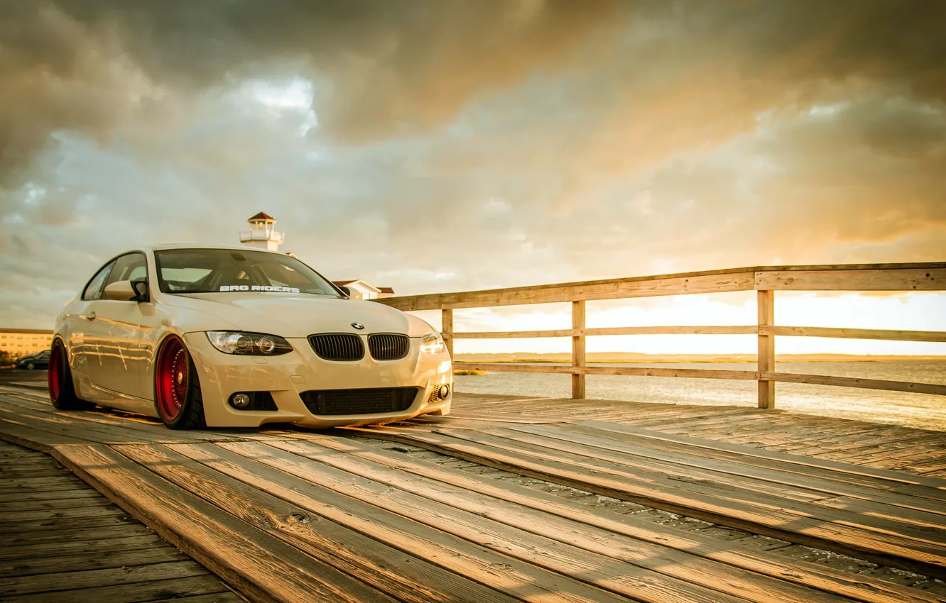 Photo wallpaper BMW, white, wheels, tuning, E92, frontside