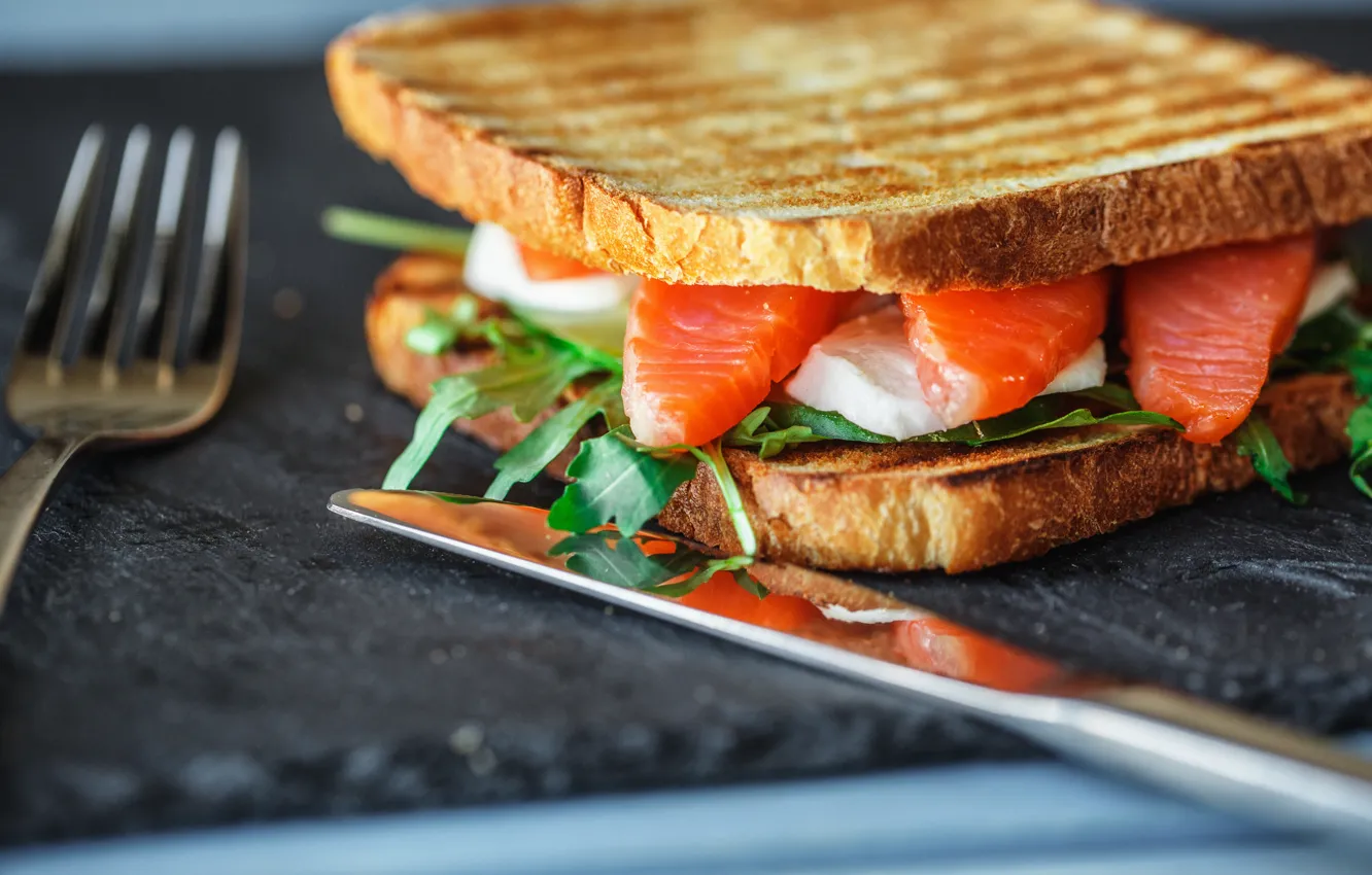 Photo wallpaper toast, seafood, greens, fish, salmon, sandwiches