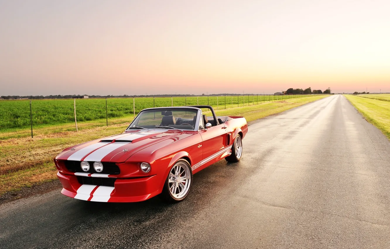Photo wallpaper road, field, the sky, red, strip, tuning, Mustang, Ford