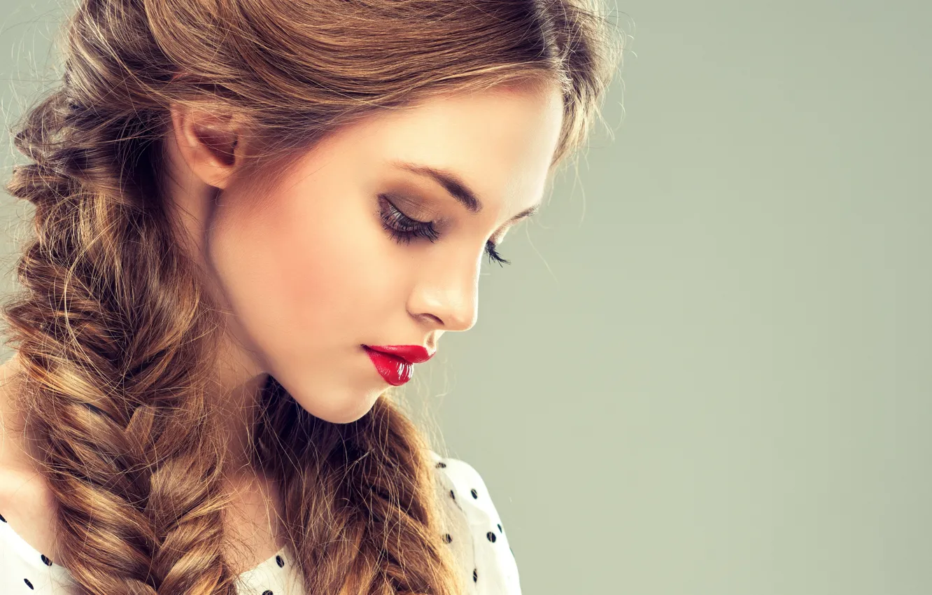 Photo wallpaper girl, face, makeup, lipstick, lips, profile, braid