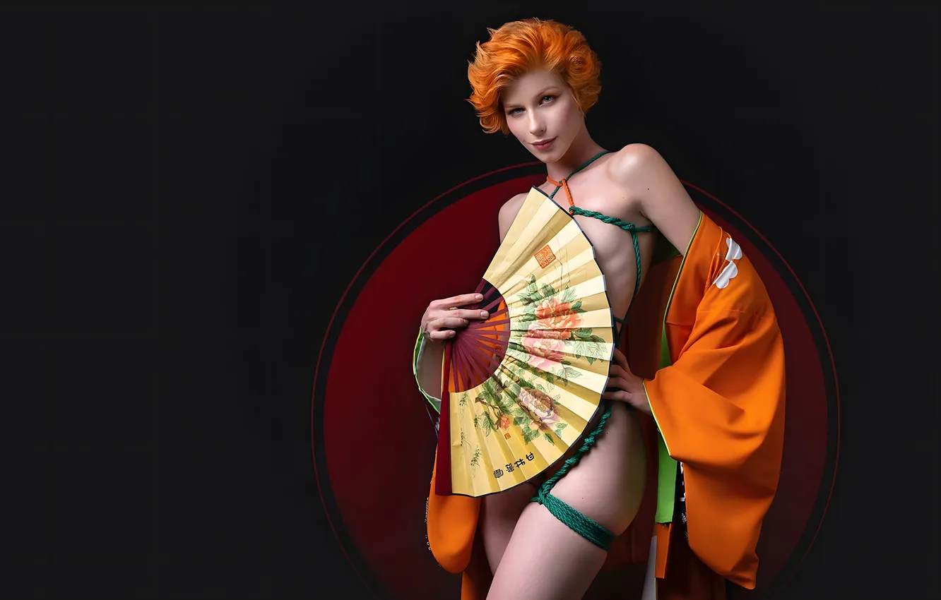 Photo wallpaper pose, the dark background, fan, girl, red