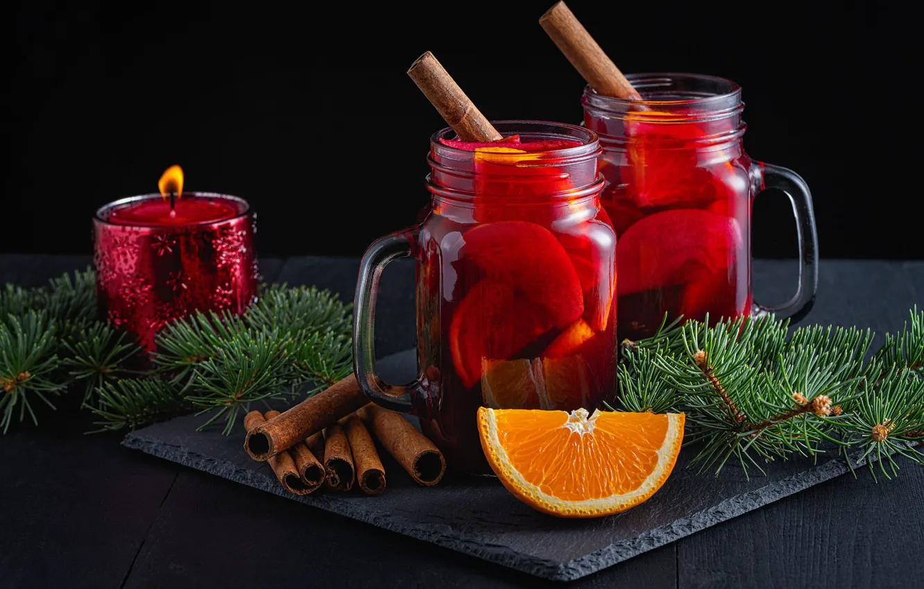 Photo wallpaper branches, candle, oranges, Christmas, New year, banks, drink, mugs