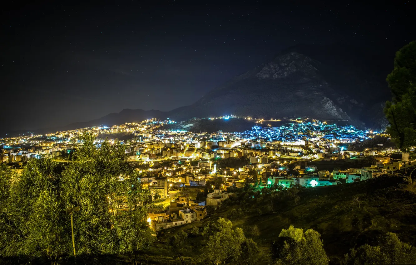 Photo wallpaper mountains, night, the city, lights, Morocco