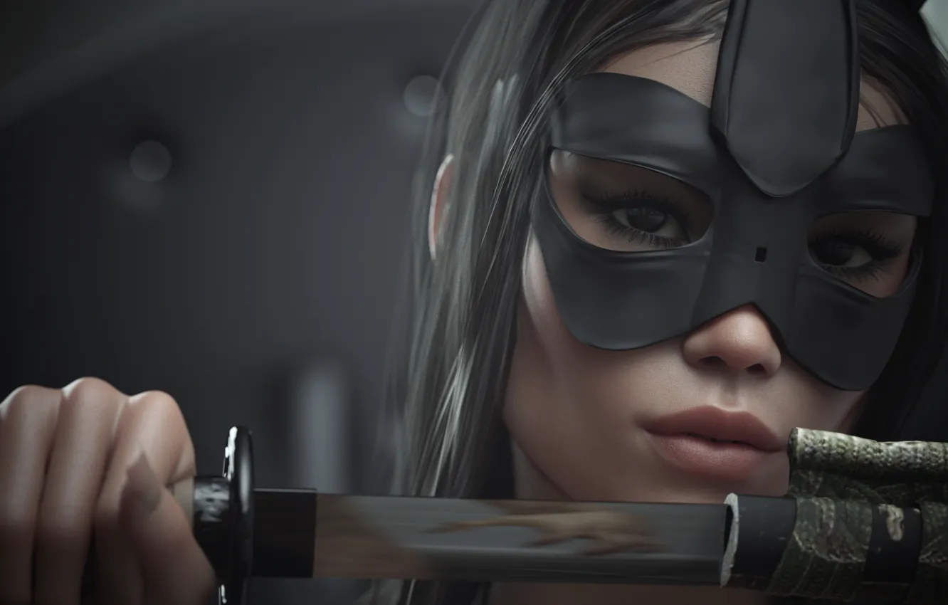 Photo wallpaper look, girl, rendering, weapons, mask
