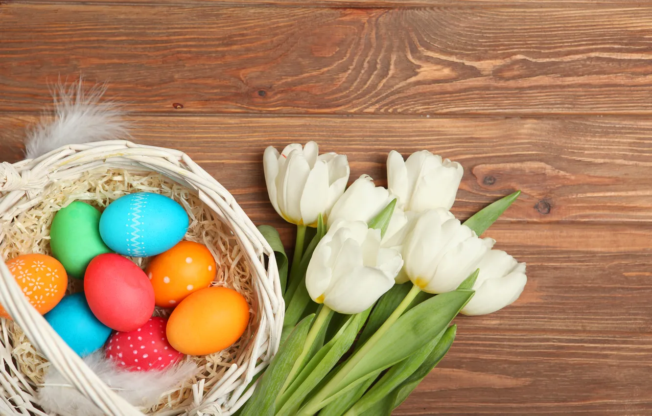 Photo wallpaper flowers, eggs, spring, colorful, Easter, tulips, wood, flowers