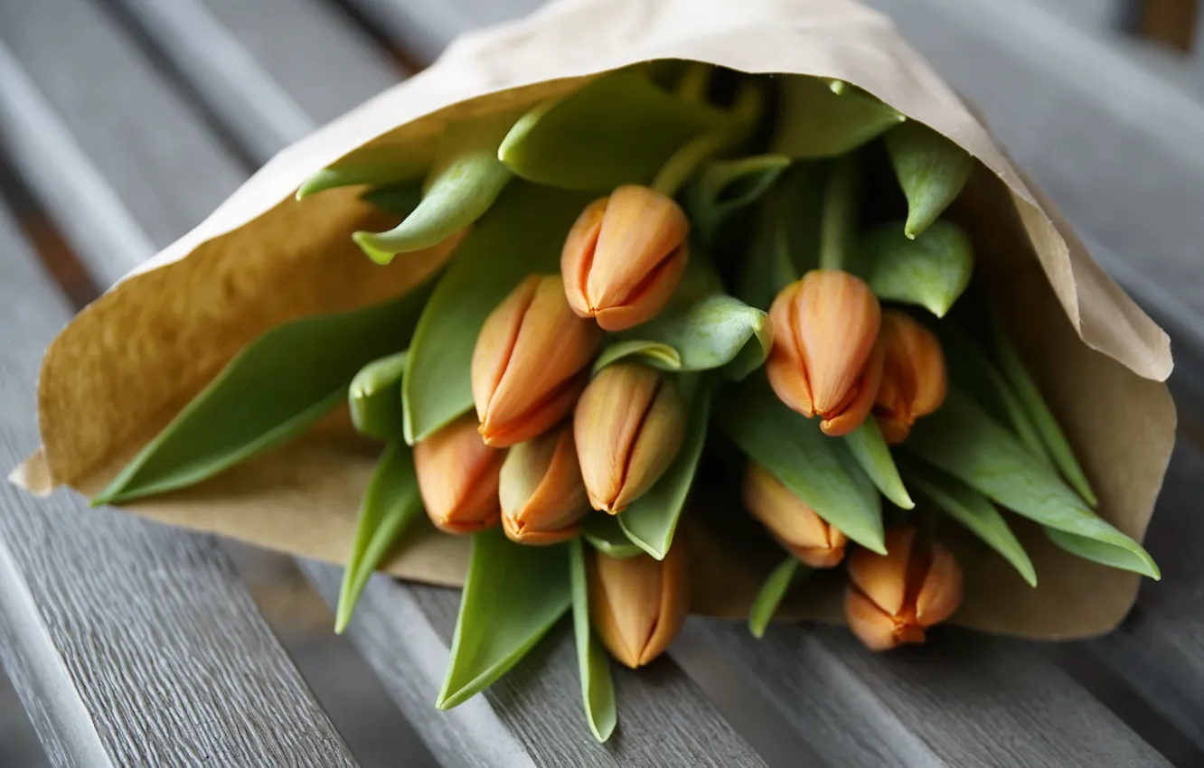 Photo wallpaper flowers, orange, paper, Board, bouquet, spring, tulips, buds
