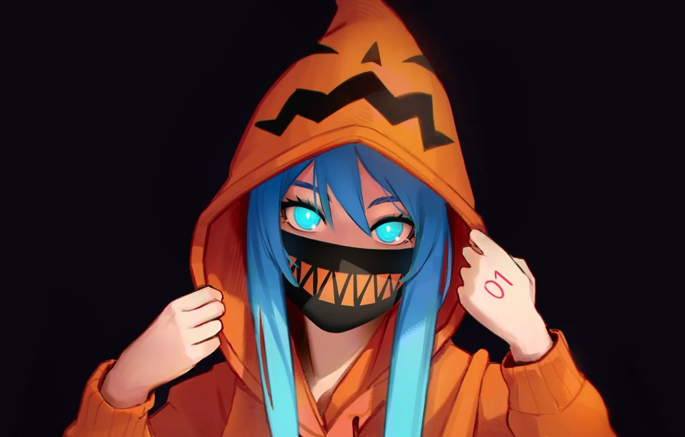 Photo wallpaper mask, hood, black background, vocaloid, Hatsune Miku, halloween, Vocaloid, blue hair