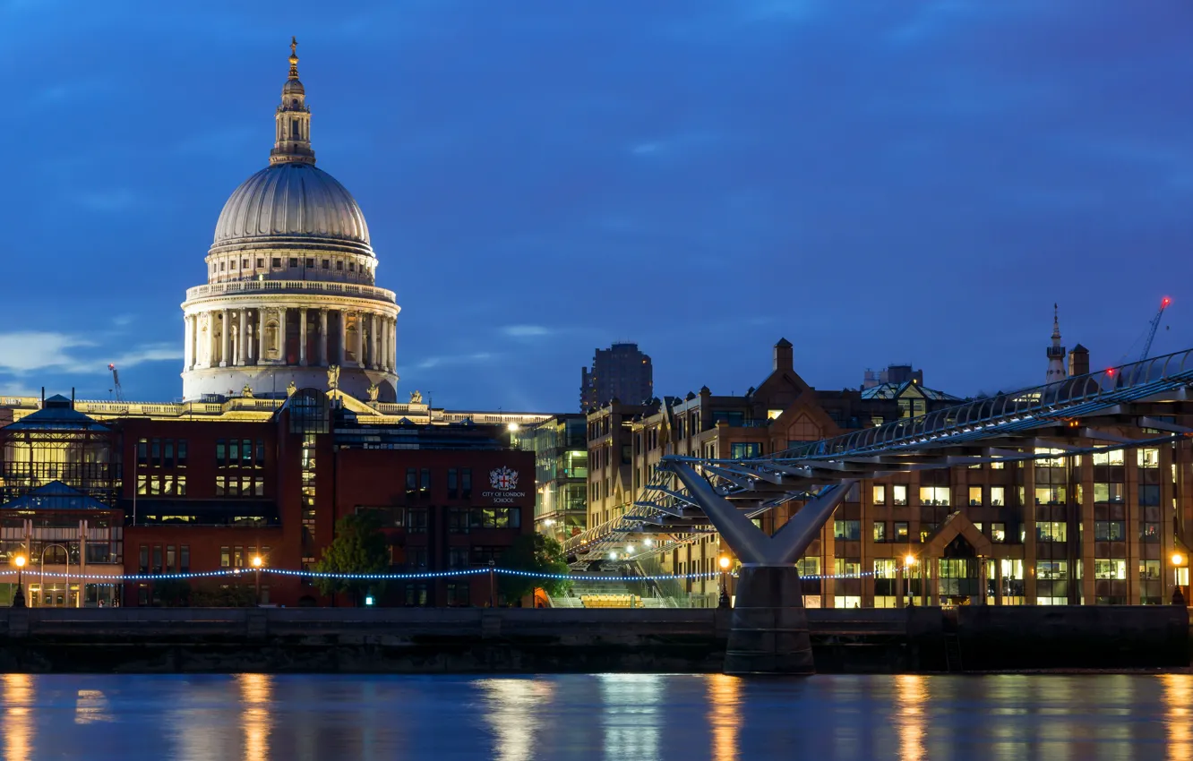 Photo wallpaper bridge, lights, river, England, London, building, home, the evening