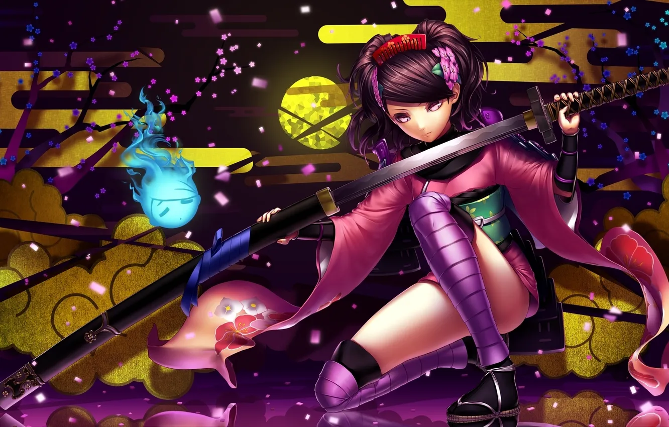 Photo wallpaper girl, weapons, magic, momohime, yukata, art, oboro muramasa, master-kouhei