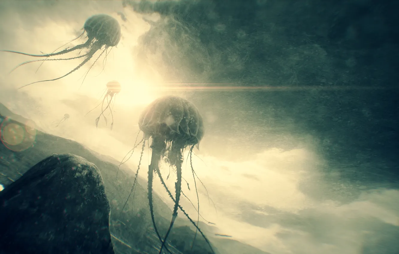 Photo wallpaper sky, creatures, floating, huge jellyfish
