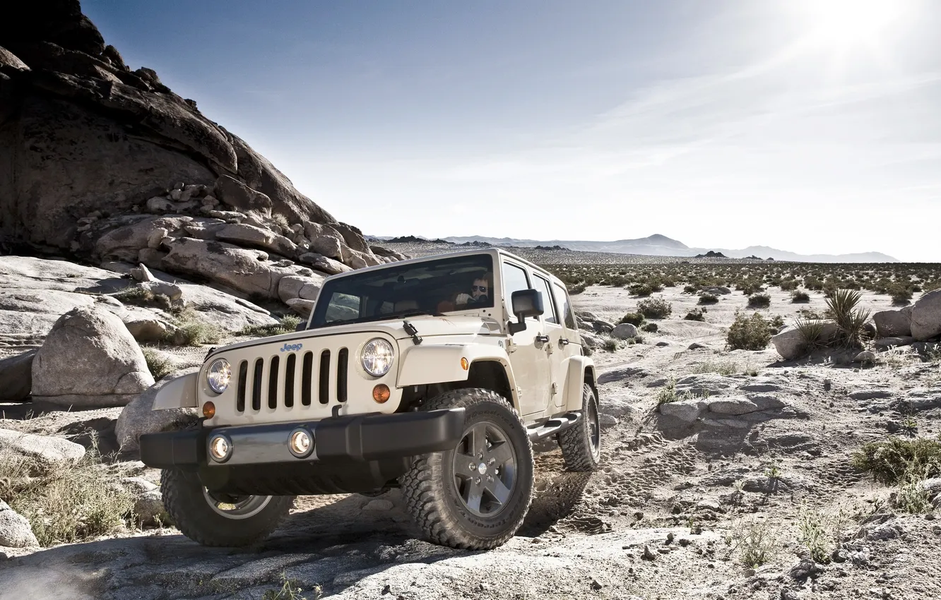 Photo wallpaper auto, the sky, the sun, stones, desert, SUV, the front, Wrangler