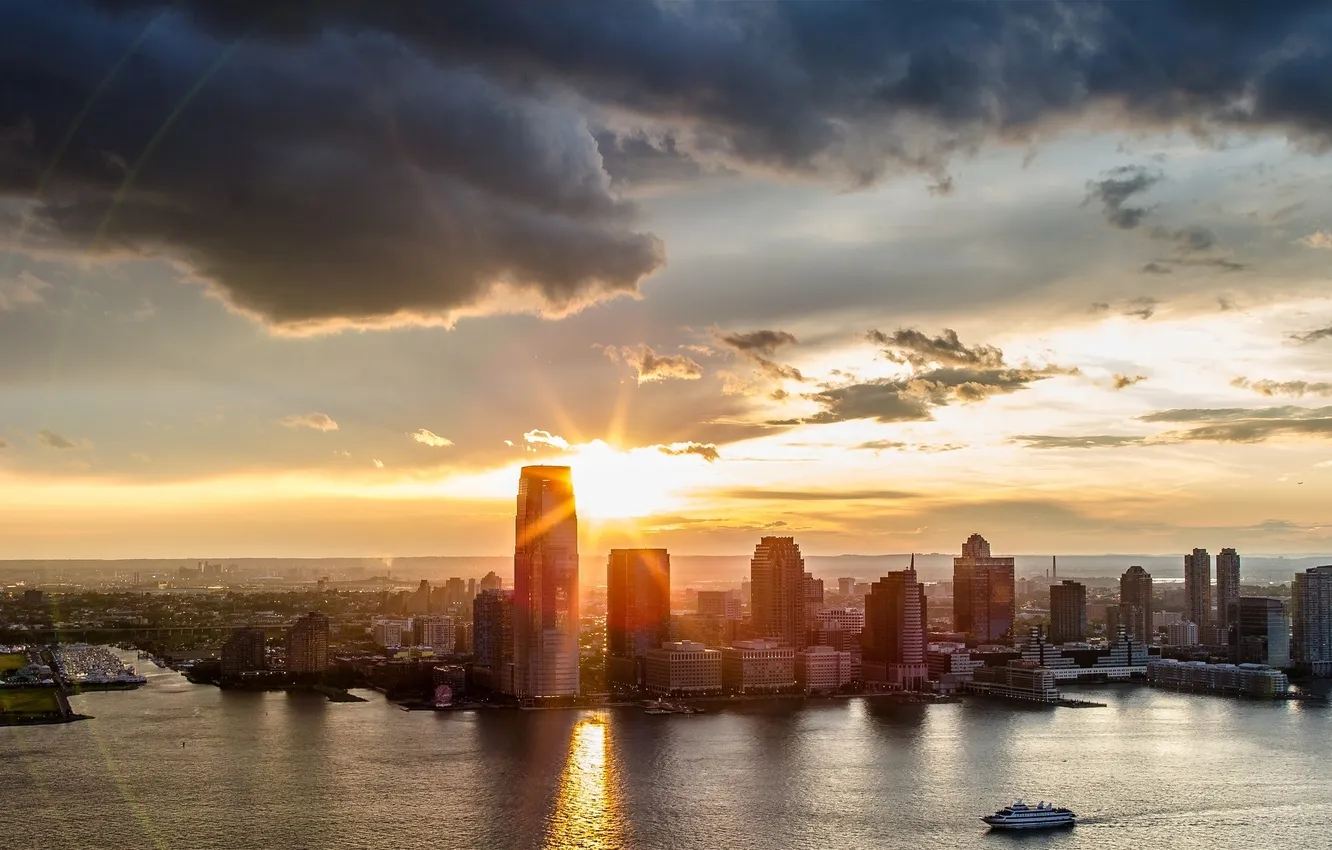 Photo wallpaper the sky, the sun, clouds, rays, glare, reflection, sunrise, the ocean