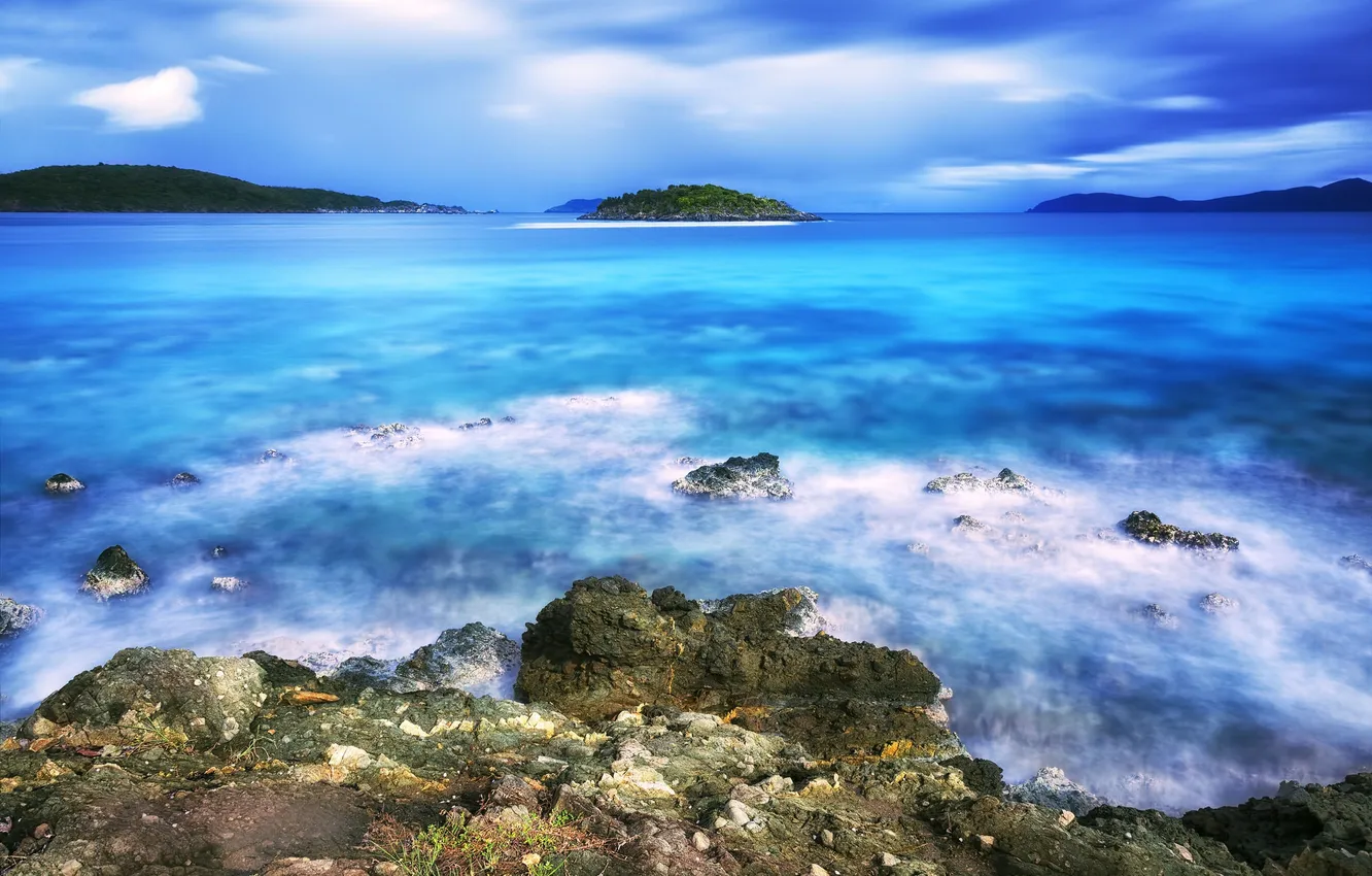 Photo wallpaper beach, water, drops, trees, stones, island