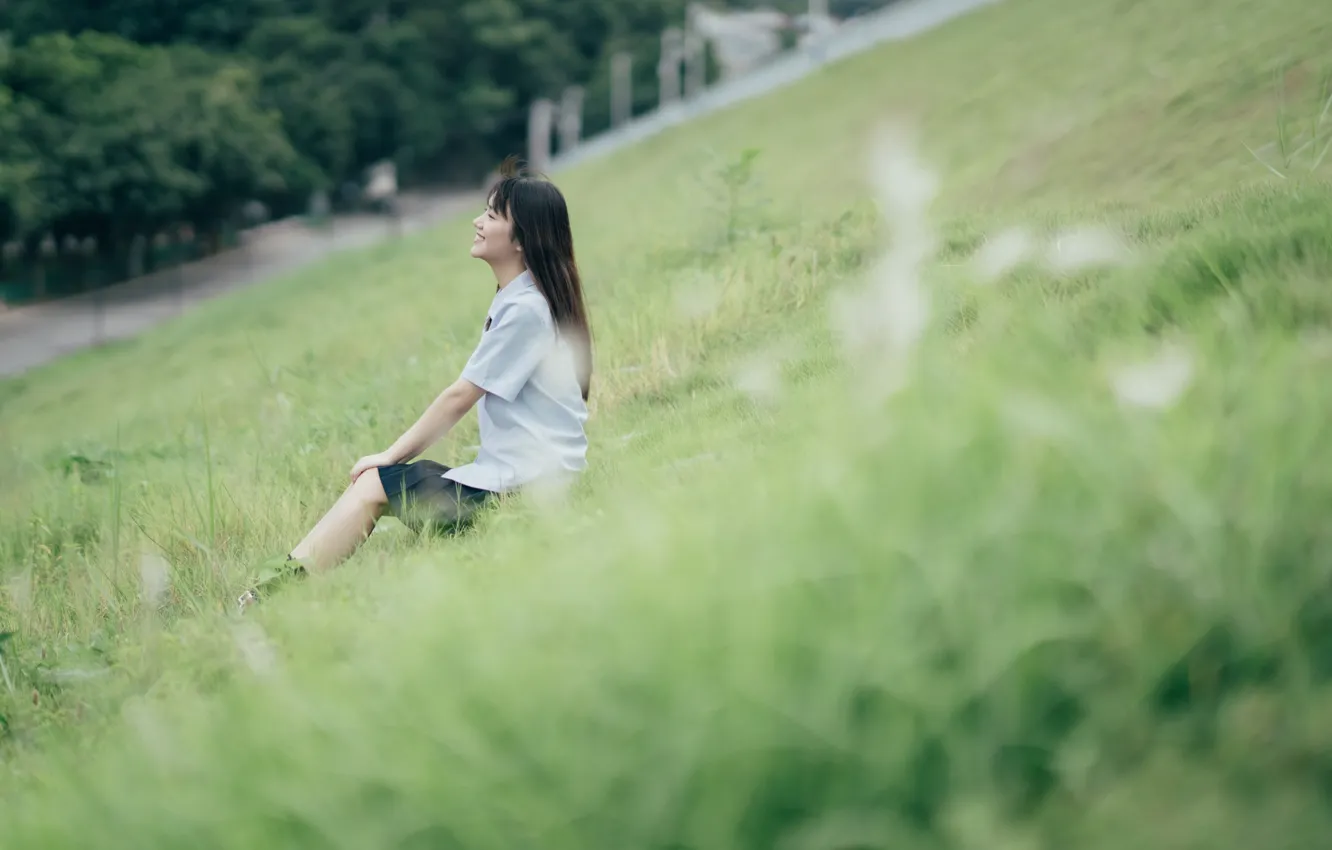Photo wallpaper grass, woman, smile, beautiful, model, pretty, slope, asian
